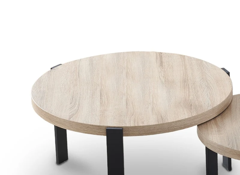 Lot de 2 tables basses rondes gigognes en bois et pieds métal noir TIYA