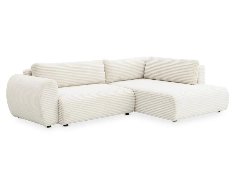 Canapé d'angle convertible avec méridienne et coffre en gros côtelé doux beige TILDA - Angle droit