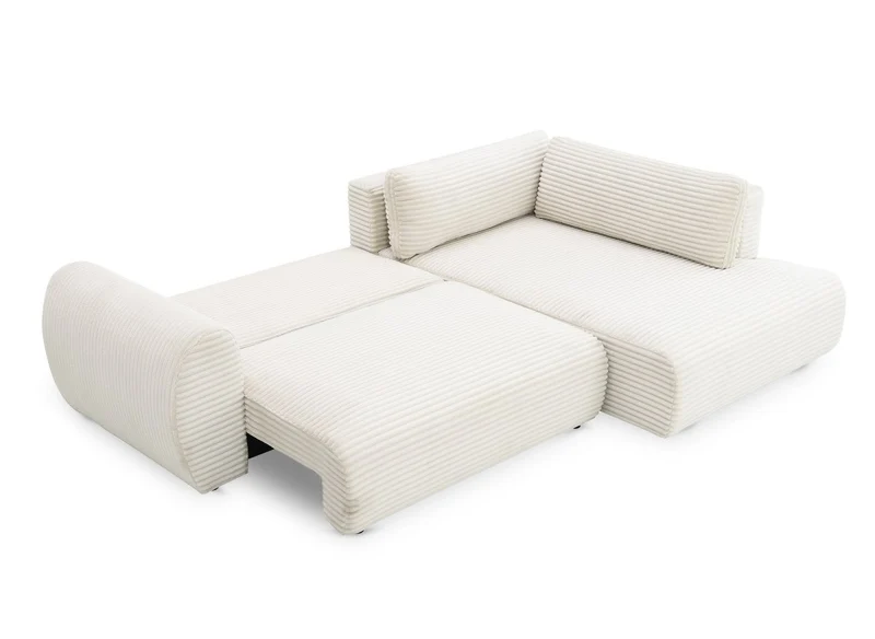 Canapé d'angle convertible avec méridienne et coffre en gros côtelé doux beige TILDA - Angle droit
