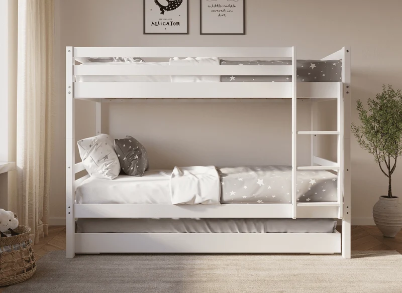 Lit superposé gigogne 3 couchages en bois blanc LEOPAUL 90 x 190 cm