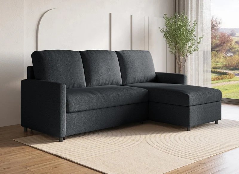 Canapé d'angle réversible convertible coffre de rangement en tissu gris anthracite ADAM
