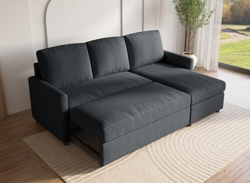 Canapé d'angle réversible convertible coffre de rangement en tissu gris anthracite ADAM