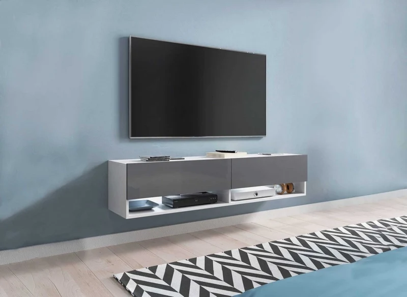 Meuble TV suspendu 2 portes 2 niches blanc et gris ROMANE XXL - 180 cm