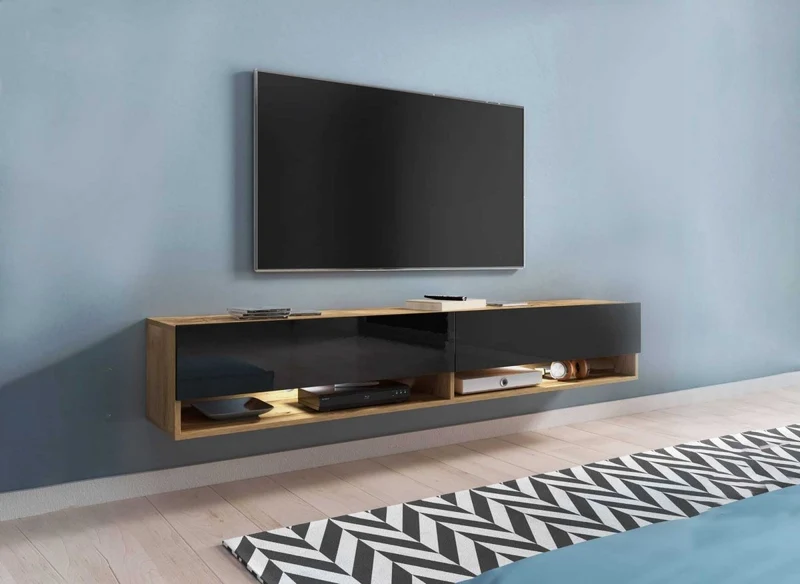Meuble TV suspendu 2 portes 2 niches en chêne et noir ROMANE XXL - 180 cm