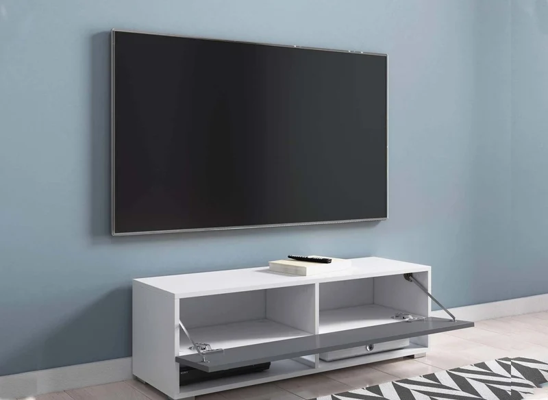 Meuble TV suspendu 1 porte 2 niches blanc et gris ROMANE - 100 cm