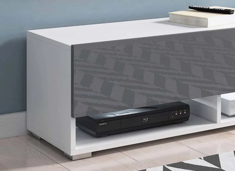 Meuble TV suspendu 1 porte 2 niches blanc et gris ROMANE - 100 cm