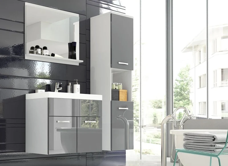 Ensemble meubles salle de bain design suspendu - Blanc et gris laqué HARMONY