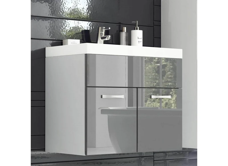 Ensemble meubles salle de bain design suspendu - Blanc et gris laqué HARMONY