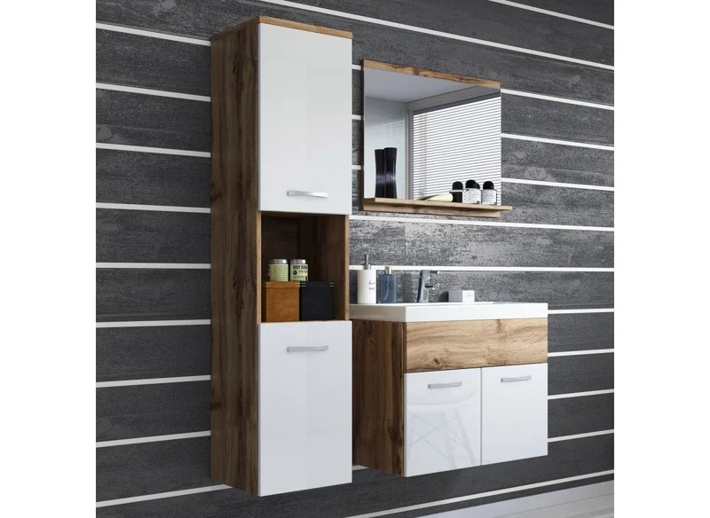 Ensemble meubles salle de bain suspendu - Bois et blanc HARMONY