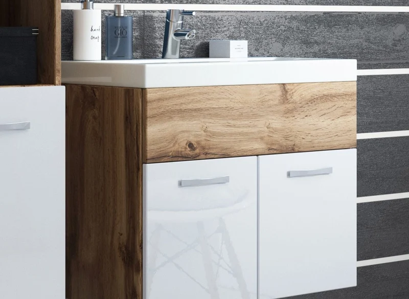 Ensemble meubles salle de bain suspendu - Bois et blanc HARMONY