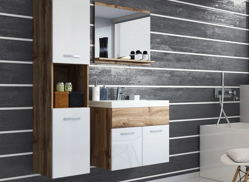 Ensemble meubles salle de bain suspendu - Bois et blanc HARMONY