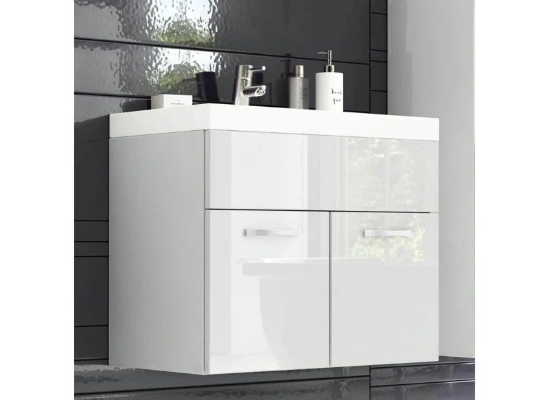 Ensemble meubles salle de bain design suspendu - Blanc laqué HARMONY
