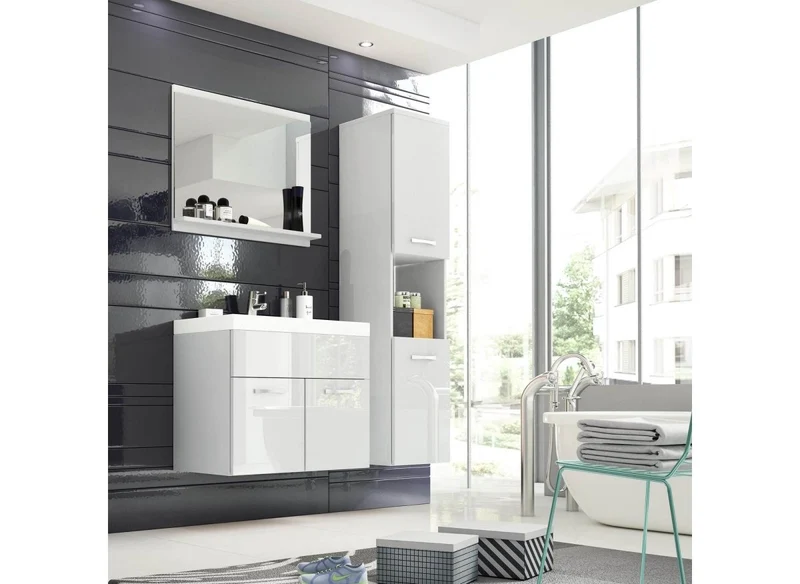 Ensemble meubles salle de bain design suspendu - Blanc laqué HARMONY