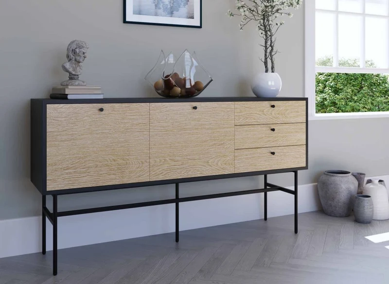 Buffet enfilade 3 tiroirs 2 portes en bois et métal noir DARYL