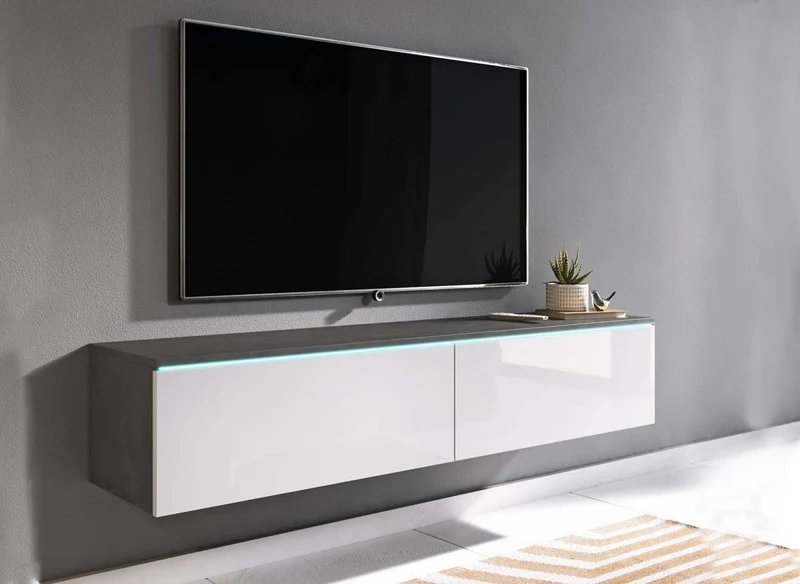 Meuble TV contemporain gris et blanc avec LED 2 portes MALORIE - 180 cm