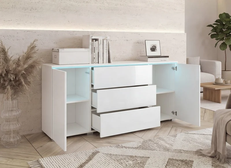 Buffet commode 2 portes 3 tiroirs blanc avec LED - ALEXIA