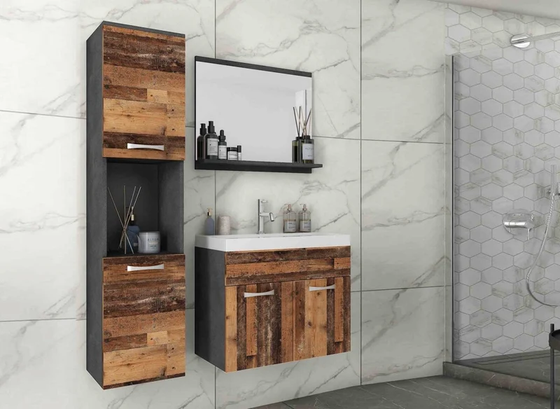 Ensemble meubles salle de bain design suspendu - Gris foncé et chêne vieilli HARMONY