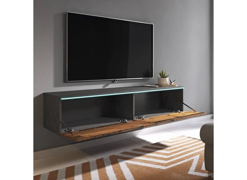 Meuble TV contemporain anthracite et chêne avec LED 2 portes MALORIE - 180 cm