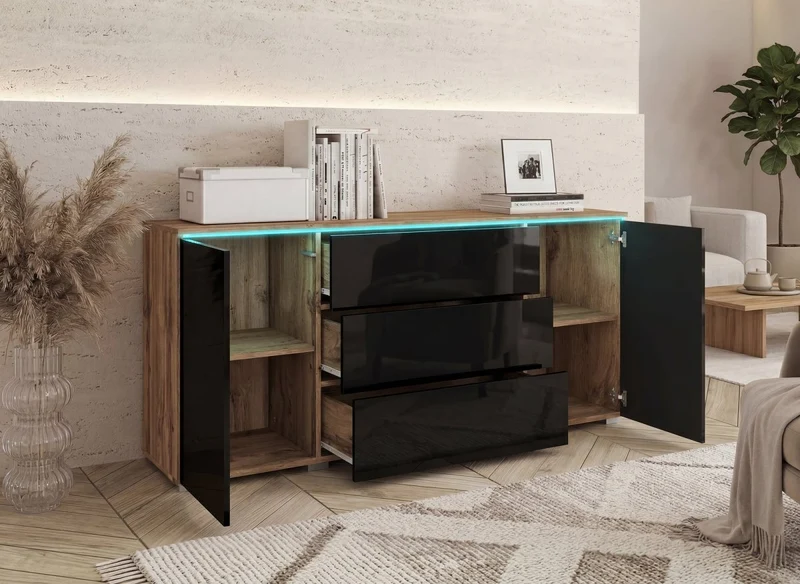 Buffet commode 2 portes 3 tiroirs chêne et noir avec LED - ALEXIA