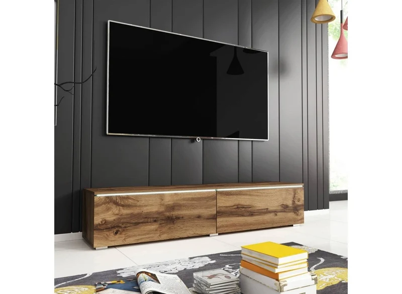Meuble TV contemporain en chêne avec LED 2 portes MALORIE - 180 cm