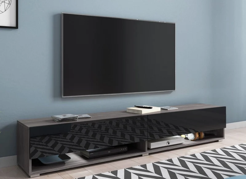 Meuble TV suspendu 2 portes 2 niches gris foncé et noir ROMANE XXL - 180 cm