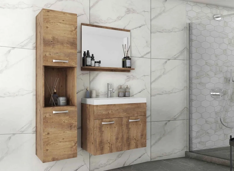 Ensemble meubles salle de bain design suspendu - Bois clair HARMONY