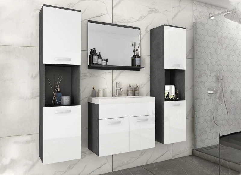Ensemble meubles salle de bain suspendu XL - Gris foncé et blanc HARMONY