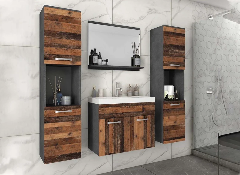 Ensemble meubles salle de bain design suspendu XL - Gris foncé et chêne vieilli HARMONY