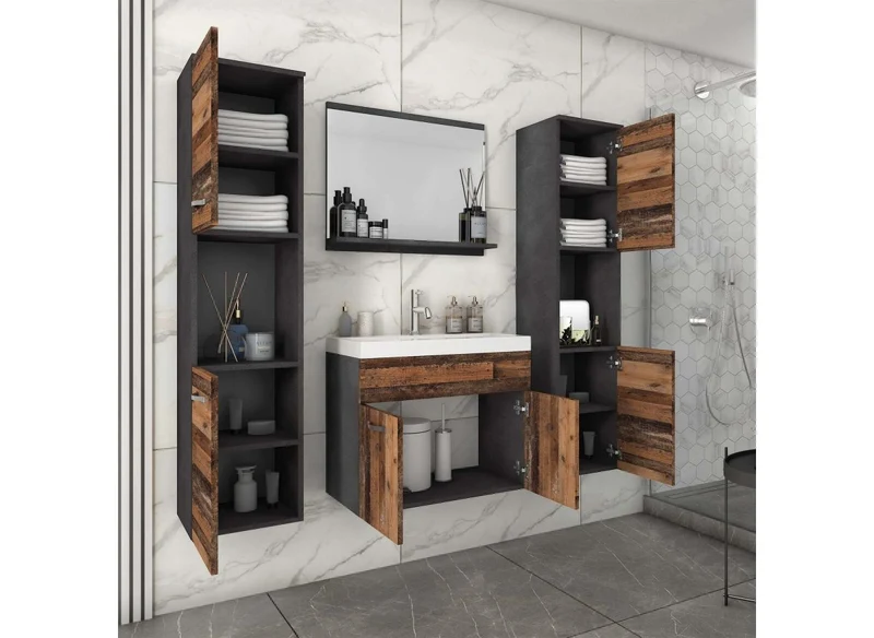 Ensemble meubles salle de bain design suspendu XL - Gris foncé et chêne vieilli HARMONY