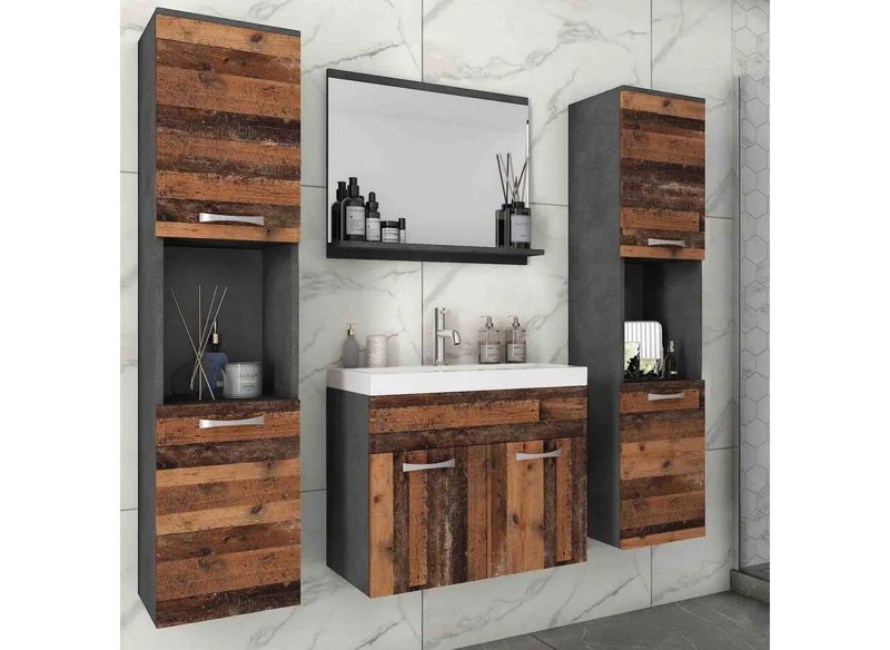 Ensemble meubles salle de bain design suspendu XL - Gris foncé et chêne vieilli HARMONY