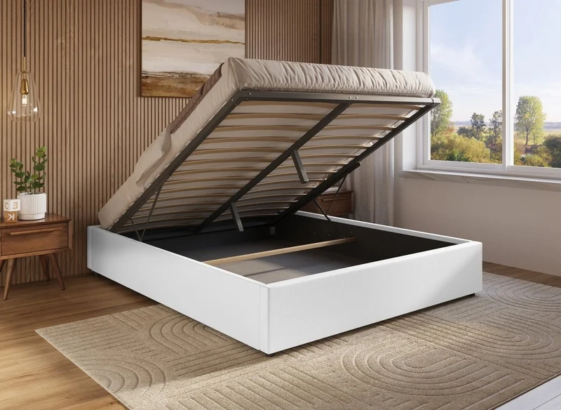 Lit sommier relevable avec coffre en simili cuir blanc 180x200 cm LIZBAN