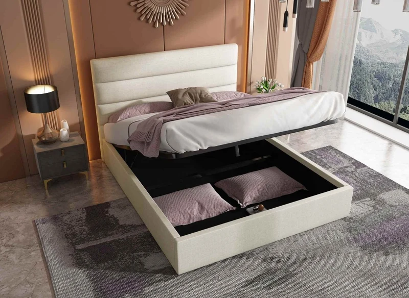 Lit coffre en tissu lin beige 140 x 190 cm SHANNA