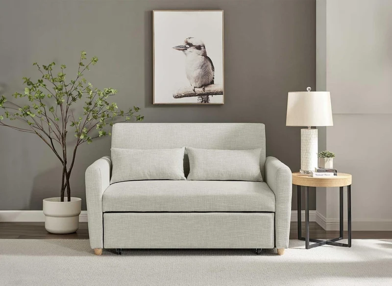 Canapé convertible 2 places en tissu beige KALAYA