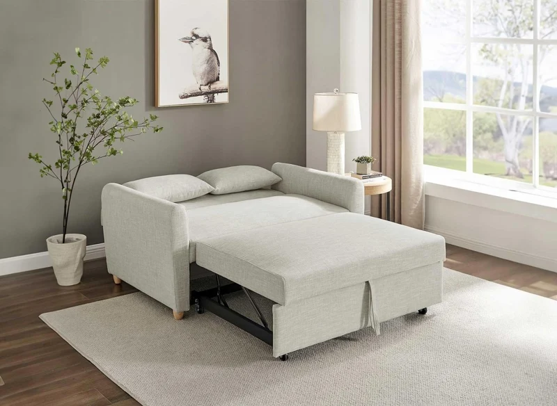 Canapé convertible 2 places en tissu beige KALAYA