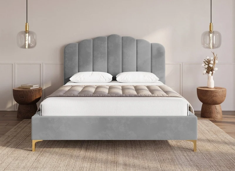 Lit double en velours gris 140x190 cm MARION