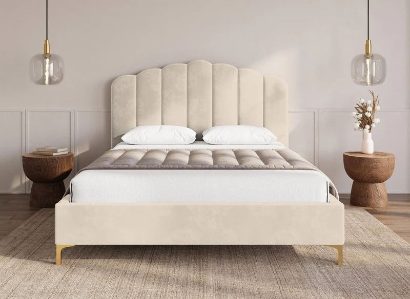 Lit double en velours beige 160x200 cm MARION